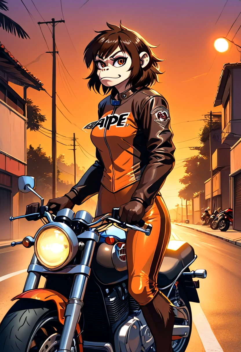 ape,furry,monkey,woman,biker suit,biker jacket,orange t-shirt,brown fur skin,serious mood,motorbike,revenge lady,vengeance,90’s cartoon style,road background,8K,FullHDR,perfect quality,evening settings,detailed dress