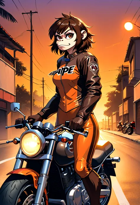 ape,furry,monkey,woman,biker suit,biker jacket,orange t-shirt,brown fur skin,serious mood,motorbike,revenge lady,vengeance,90’s ...