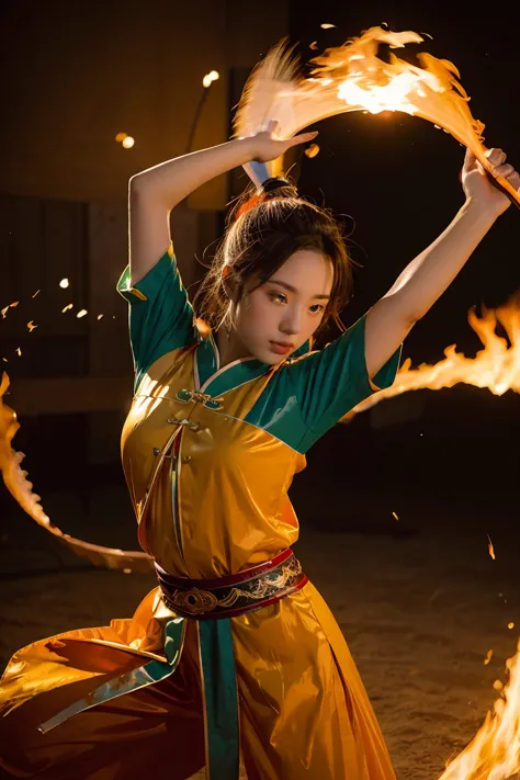 fisheye lens with flames in background, chinese girl dancing swords, dressed in tang costume, a person, upward light, ray tracin...