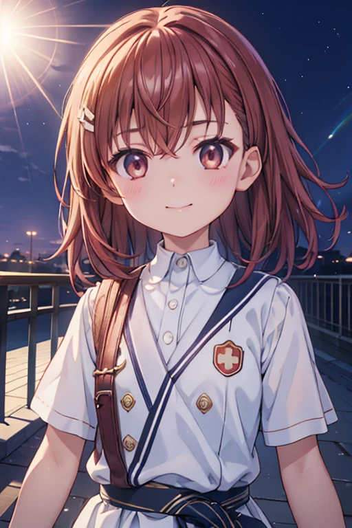 (Highest quality、masterpiece)、One Girl、alone、anime、animeScreencap、Ray Tracing、Global Illumination、ultra hi resolution picture、Bright colors、Cinematic Light、Lens flare、Light on the face、Glowing Eyes、Depth of written boundary、Detailed Background、cute、Straight、smile、View your viewers、Outdoor、Clear skies、Misaka Mikoto