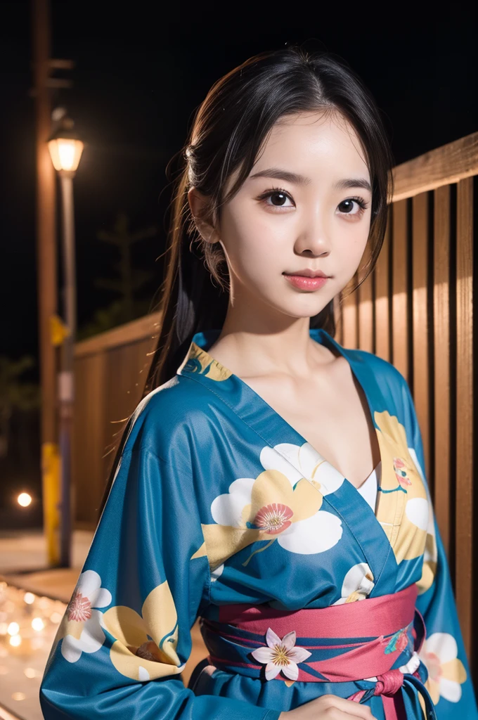 (firework), (upper body:1.5), Girl Standing In Schoolyard, Cumulonimbus clouds floating in the night sky, (Summer Yukata:1.1), (18 years old:1.2), (make up:1.3), (Very slim:1.4), Brown eyes
