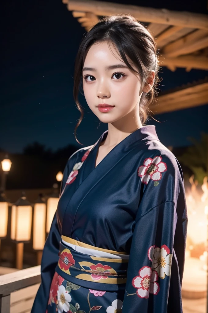 (firework), (upper body:1.5), Girl Standing In Schoolyard, Cumulonimbus clouds floating in the night sky, (Summer Yukata:1.1), (18 years old:1.2), (make up:1.3), (Very slim:1.4), Brown eyes
