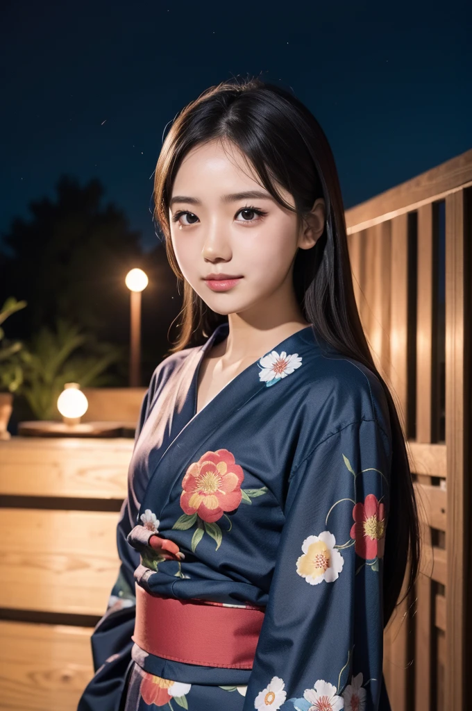 (firework), (upper body:1.5), Girl Standing In Schoolyard, Cumulonimbus clouds floating in the night sky, (Summer Yukata:1.1), (18 years old:1.2), (make up:1.3), (Very slim:1.4), Brown eyes
