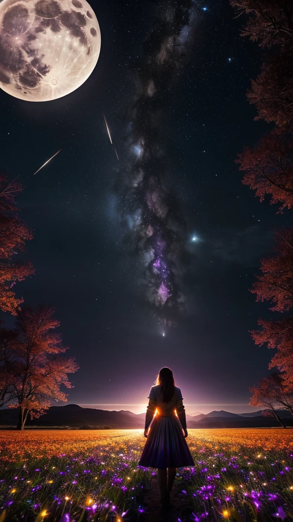 Vast landscape photo, (viewed from below, the sky is above and the open field is below), a girl standing on a flower field looking up, (full moon: 1.2), (meteor: 0.9), (nebula: 1.3), distant mountains , Trees BREAK Crafting Art, (Warm Light: 1.2), (Fireflies: 1.2), Lights, Lots of Purple and Orange, Intricate Details, Volumetric Lighting, Realism BREAK (Masterpiece: 1.2), (Best Quality), 4k, Ultra-Detailed, (Dynamic Composition: 1.4), Very Detailed, Colorful Details, (Rainbow Colors: 1.2), (Glow Lighting, Atmospheric Lighting), Dreamy, Magical, (Solo: 1.2)