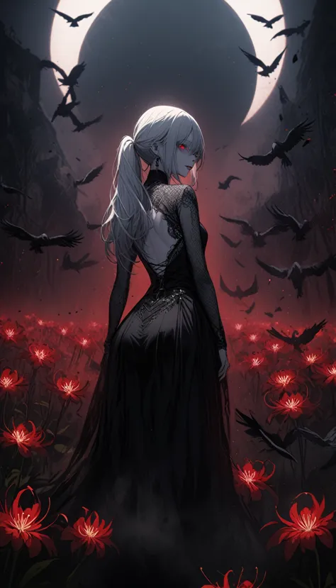 （dark and scary atmosphere,gothic fashion,dark colors）,,very sexy vampire girl,sisters separated by years,a large number of red ...