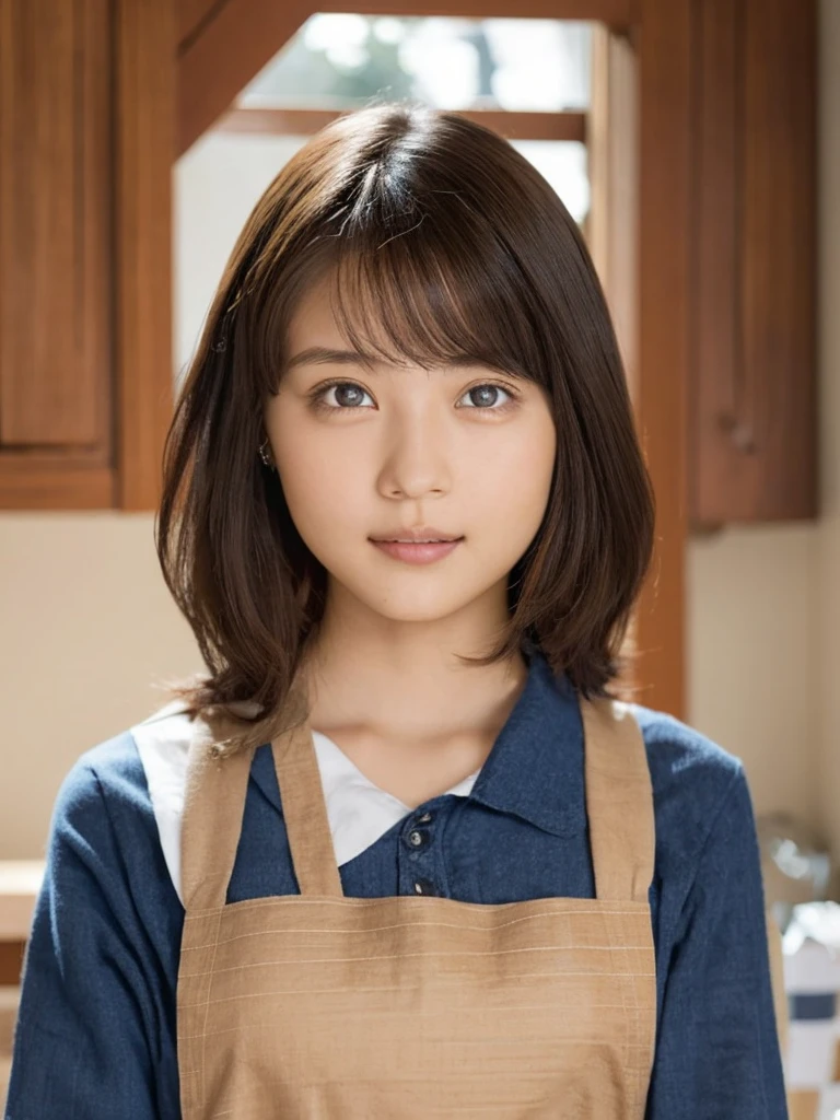 One Girl, (beautiful girl, Delicate girl:1.3), (14 years old:1.3),
break, (Apron Costume:1.3),
break, (Standing in the kitchen:1.2),
break, Very beautiful eyes, (Symmetrical eyes:1.3),
break, Small breasts, Brown eyes, Parted bangs, Brown Hair, (Upper teeth, The best smile:0.2),
break, (Eye and facial details:1.0),
break, (masterpiece, Highest quality, Very detailed, Detailed face, 8k)