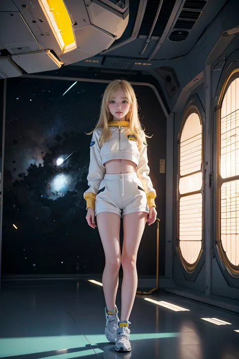 (young girl, 12 years old, blond hair, photorealistic, pale skin), (yellow (eyes:1.2)), (slim build:1.3), (fantasy space suit), ...