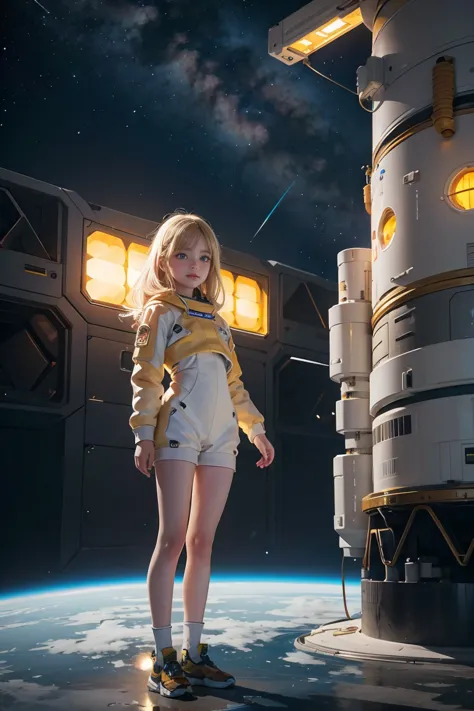 (young girl, 12 years old, blond hair, photorealistic, pale skin), (yellow (eyes:1.2)), (slim build:1.3), (fantasy space suit), ...