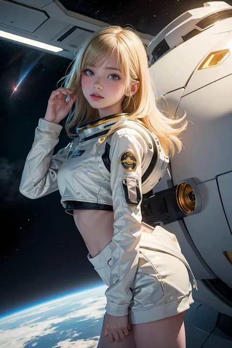 (young girl, 12 years old, blond hair, photorealistic, pale skin), (yellow (eyes:1.2)), (slim build:1.3), (fantasy space suit), ...