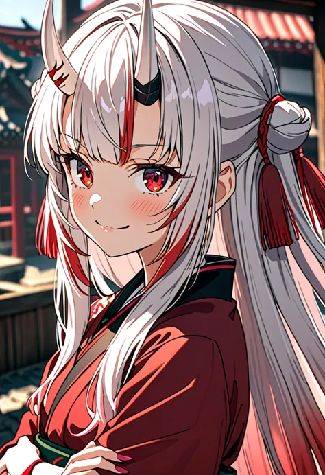 8k ultra high-quality, ultra-detailed, high quality, nakiri ayame, white oni horns, smiling, close up, arms crossed, looking awa...