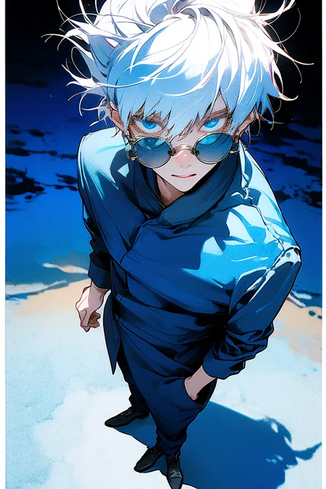 male , black jacket, sunglasses , satoru gojo, white hair, blue crystal, standing at shibuya japan night, eyes,bodyshoot photogr...