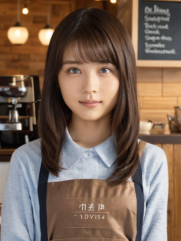 One Girl, (beautiful girl, Delicate girl:1.3), (14 years old:1.3),
break, (Apron Costume:1.3),
break, (Standing in a coffee shop:1.2),
break, Very beautiful eyes, (Symmetrical eyes:1.3),
break, Small breasts, Brown eyes, Parted bangs, Brown Hair, (Upper teeth, The best smile:0.2),
break, (Eye and facial details:1.0),
break, (masterpiece, Highest quality, Very detailed, Detailed face, 8k)