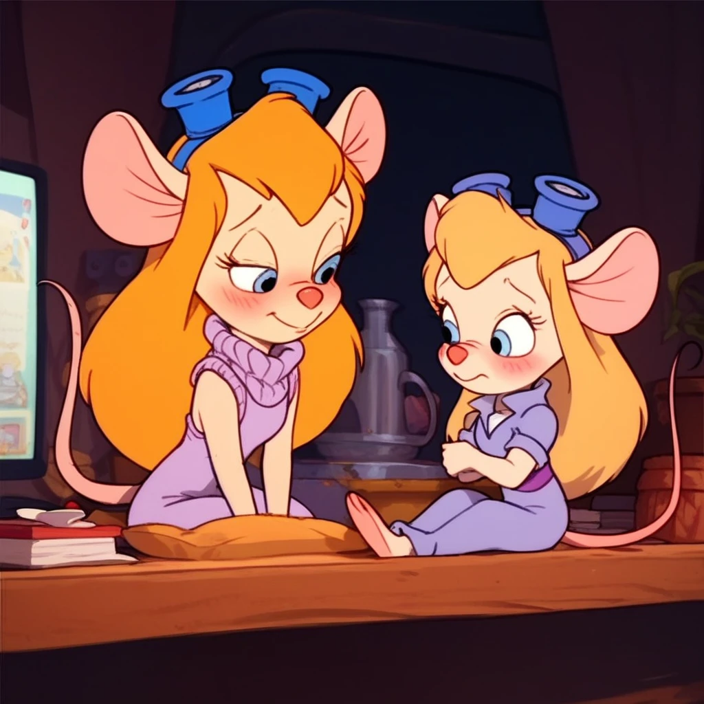 score_9, score_8, score_7, score_6, mouse tail, gadget, cartoon, score_8_up, score_7_up, ,  masterpiece, best quality, 2 girls, (beautiful woman), long hair, mouse tail, blush,  (blushed), (shy), Gadget, Cartoon, , score_8_up, score_7_up, score_6_up, score_5_up, score_4_up, 2girs, mouse tail, Gadget, cartoon,  but curvy body, tv screencap,, 2girls, irl, White aran sweater, sleeveless aran sweater, sitting, looking at me, smiling, Mommy Waifu and her little Dauther, size difference