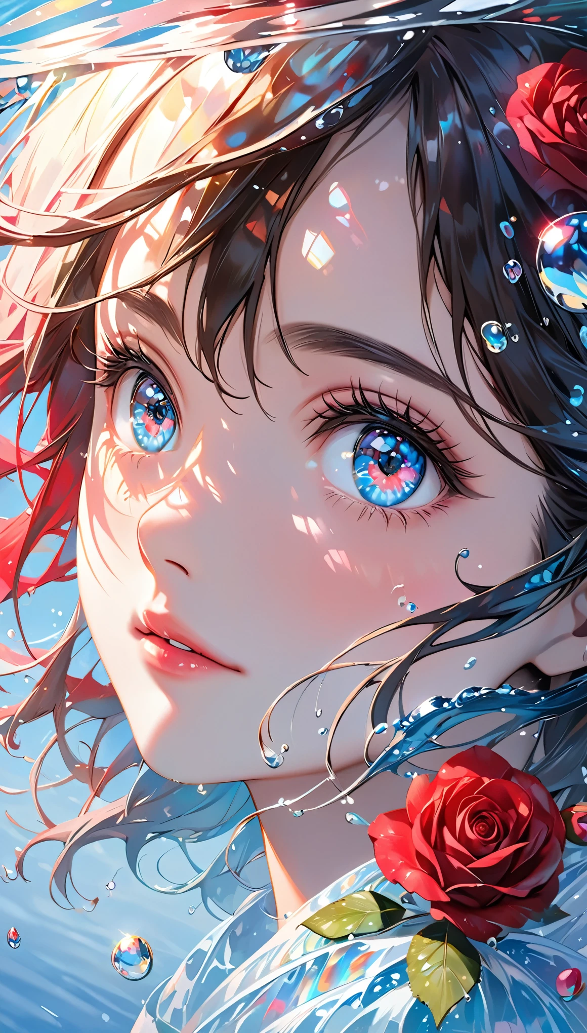 Girl swimming underwater,Ultra-detailed rendering style,shine,Rose red,Light blue,brush,ultrarealism oil painting,Shining eyes,Head close-up,Exaggerated perspective,Tyndall effect,Water Drop,Pearl oyster rainbow color,Holographic white,black background,