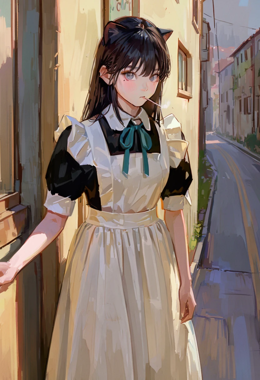 score_9, score_8_up, score_7_up, score_6_up, score_5_up, score_4_up, fkey70, h3l3n, masterpiece, best quality, high quality, hyperrealistic anime painting, anime painting, painterly, realistic painting, soft feature, detailed clothes, detailed, rembrandt lighting, solo, masterpiece, best quality, high quality, 1girl,  fluffy clouds, illustration, simple background, alley, cigarette in mouth, bored, catgirl, maid, maid headdress, maid apron, black hair, medium hair, upper body, mole under eye, no hands, no human ears