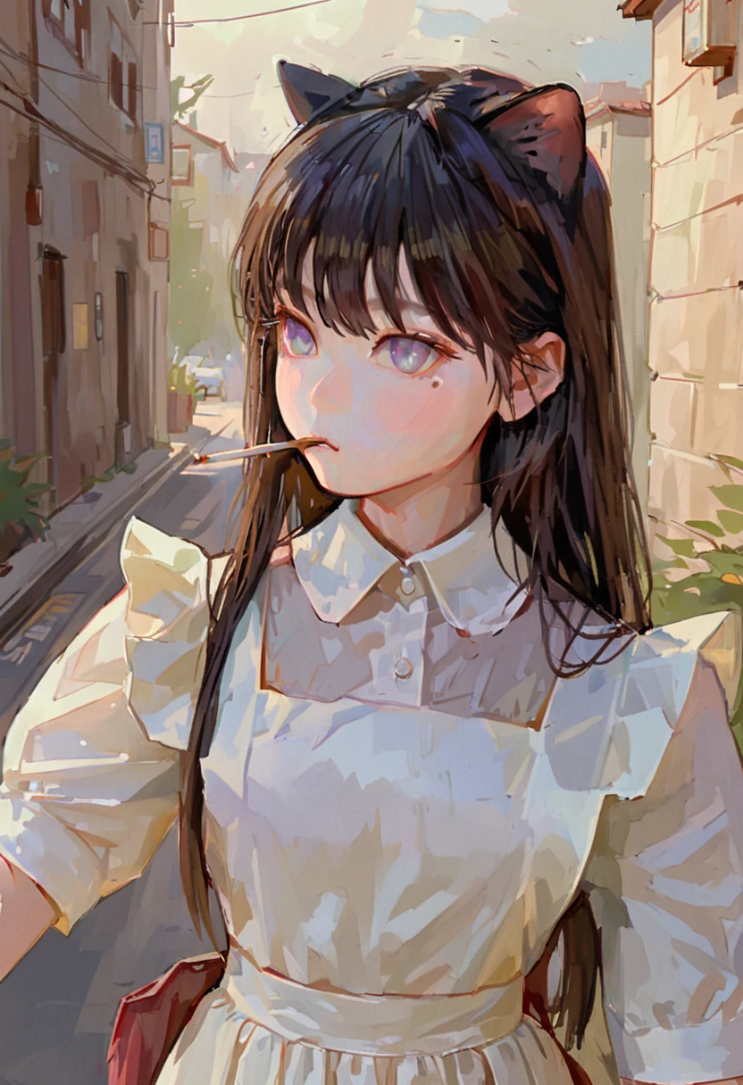 score_9, score_8_up, score_7_up, score_6_up, score_5_up, score_4_up, fkey70, h3l3n, masterpiece, best quality, high quality, hyperrealistic anime painting, anime painting, painterly, realistic painting, soft feature, detailed clothes, detailed, rembrandt lighting, solo, masterpiece, best quality, high quality, 1girl,  fluffy clouds, illustration, simple background, alley, cigarette in mouth, bored, catgirl, maid, maid headdress, maid apron, black hair, medium hair, upper body, mole under eye, no hands, no human ears