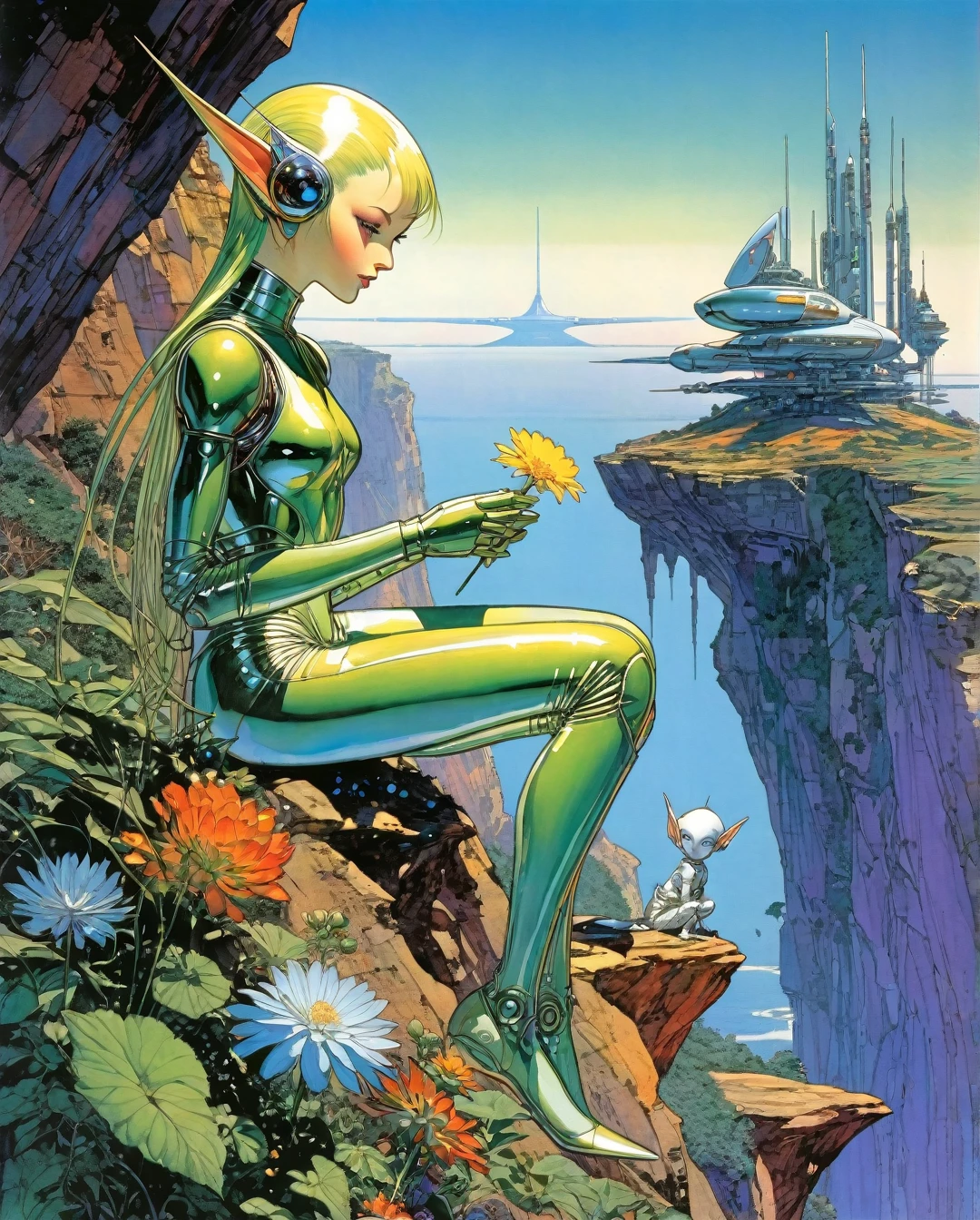 Art style by Noriyoshi Ohrai, A painting of an android elven being, roboT, pointy ears, holding a beautiful flower, sitting on a cliff with a spaceship in the background by Moebius Jean Giraud