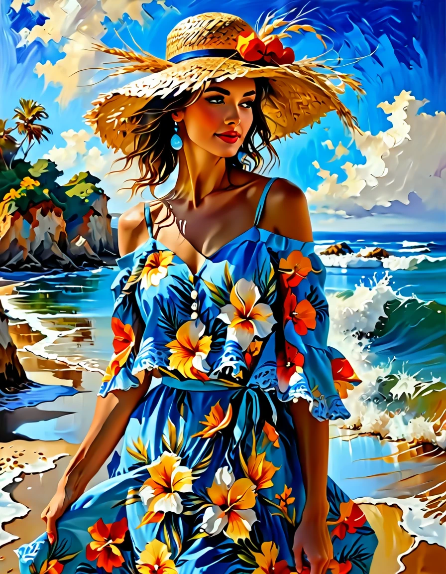 High quality, high resolution, best composition, one beautiful woman,painting of a woman in a dress and hat walking on the beach, beautiful painting, with straw hat, a beautiful painting, beautiful artwork, beautiful oil painting, painting of beautiful, sundress, girl on the beach, in style of steve henderson, gorgeous painting, stunning painting, dmitry spiros, beautiful oil painting on canvas, detailed 4 k oil painting, at the sea