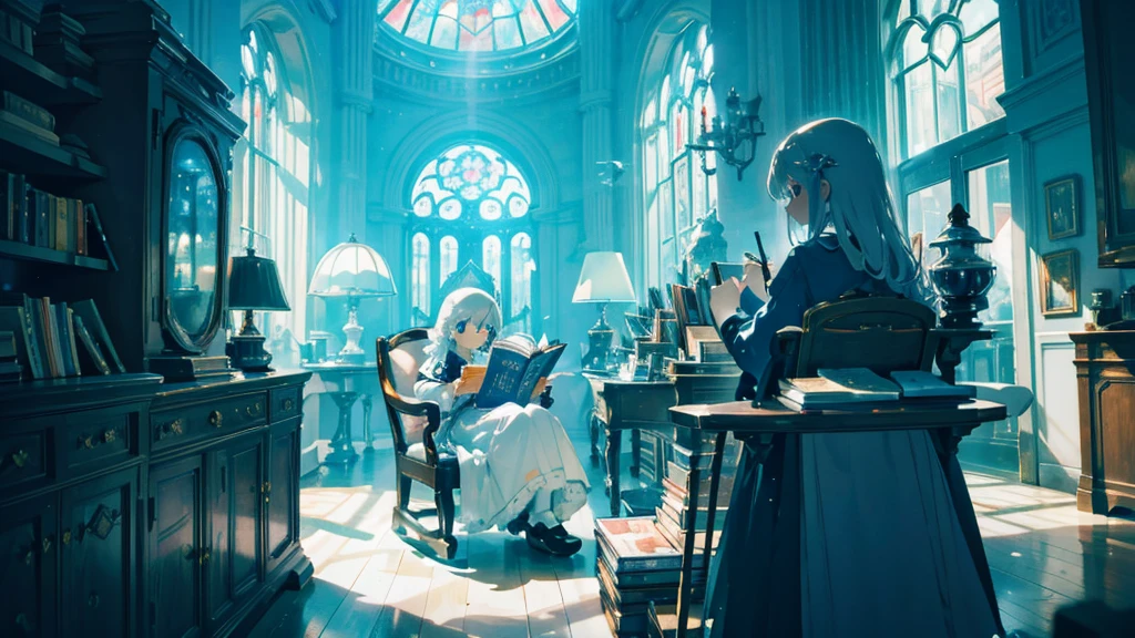 (The pieces fly), (Highest quality), Very detailed, 1 girl, Solo full body shot, Perfect Face, beautiful girl, Very detailed顔，(Long white hair:1.5)，(blue eyes:1.4)，universe、Glass Dome、Large dome、indoor、Light、[beautiful detailed lighting][soft lighting][cinematic lighting][light particles][colorful refraction][light diffusion][light-filled room]、Fantasy、Rocking Chair、reading、View Book、