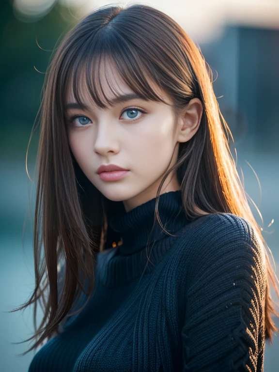 masterpiece, best quality, ultra-detailed, intricately detailed hyperdetailed, realistic, sharp features, highly detailed, sharp focus, 19 years old, (Japanese sophisticated model), perfect face, perfect  and delicate Blue eyes, perfect full lips, flexible female form, cinematic, hyper detailed, hyper realistic, high resolution, vibrant, dark fantasy, ((deep Blue hour)), light brown hair, messy hair, small breasts, Black sweater, portrait, head shot,