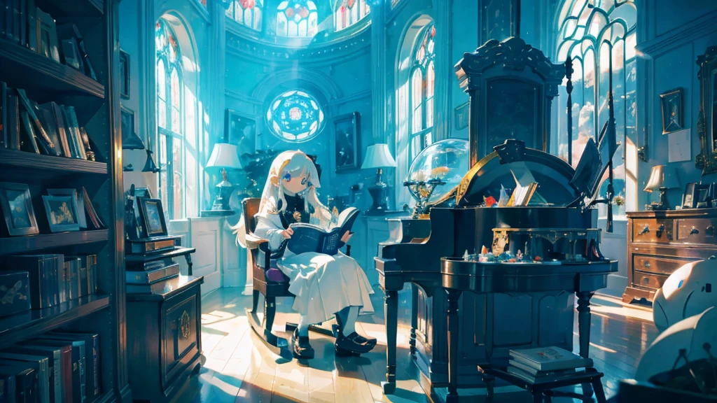 (The pieces fly), (Highest quality), Very detailed, 1 girl, Solo full body shot, Perfect Face, beautiful girl, Very detailed顔，(Long white hair:1.5)，(blue eyes:1.4)，universe、Glass Dome、Large dome、indoor、Light、[beautiful detailed lighting][soft lighting][cinematic lighting][light particles][colorful refraction][light diffusion][light-filled room]、Fantasy、Rocking Chair、reading、View Book、