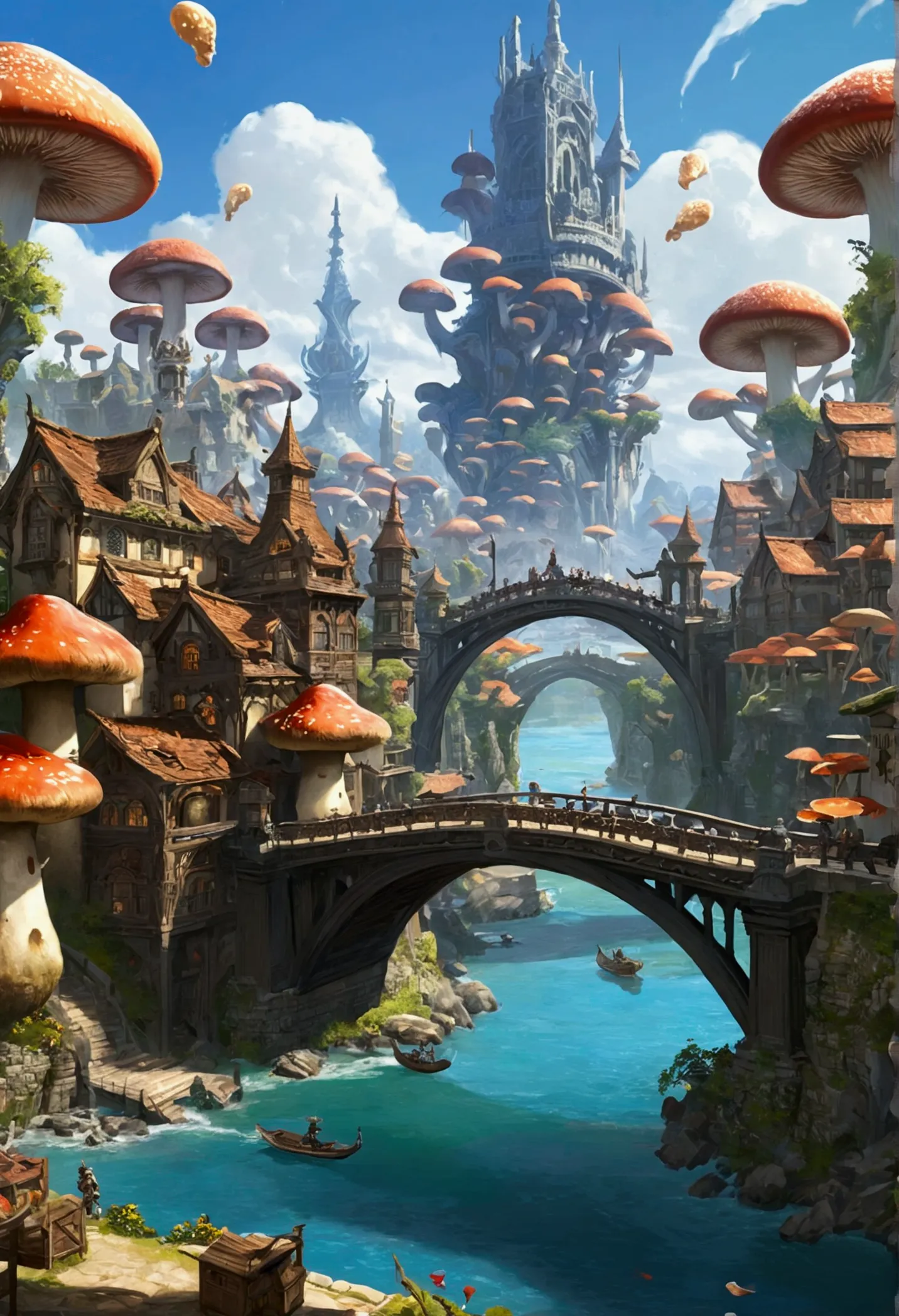 (masterpiece:1.2), extremely intricate details, ff14style, dynamic painting, depicting a bustling city with a majestic bridge sp...