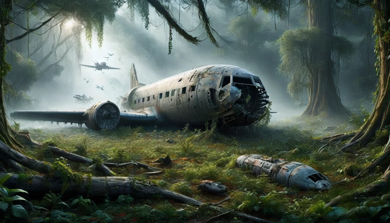 A highly detailed, high resolution illustration of a crashed spacecraft landing in a field surrounded by trees. The spacecraft must have impressive armoured construction, visible military elements such as weapons and reinforced plating, and signs of heavy use including extensive rust, stains, dirt and severe damage from previous battles. The field must be covered in a layer of grass, and the trees in the background must create a striking contrast. The scene must include subtle lighting effects that emphasise the impressive size and complexity of the landing spacecraft with its plasma jet engine at its centre. A sense of scale and context. The illustrations must be drawn with such meticulous detail that it seems . Ultimately, the dramatic moment must be stunningly realistic and believable.