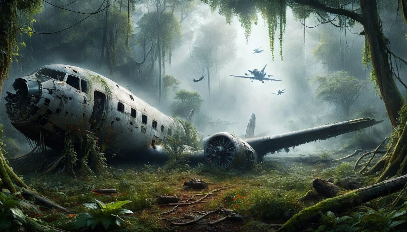 A highly detailed, high resolution illustration of a crashed spacecraft landing in a field surrounded by trees. The spacecraft must have impressive armoured construction, visible military elements such as weapons and reinforced plating, and signs of heavy use including extensive rust, stains, dirt and severe damage from previous battles. The field must be covered in a layer of grass, and the trees in the background must create a striking contrast. The scene must include subtle lighting effects that emphasise the impressive size and complexity of the landing spacecraft with its plasma jet engine at its centre. A sense of scale and context. The illustrations must be drawn with such meticulous detail that it seems . Ultimately, the dramatic moment must be stunningly realistic and believable.