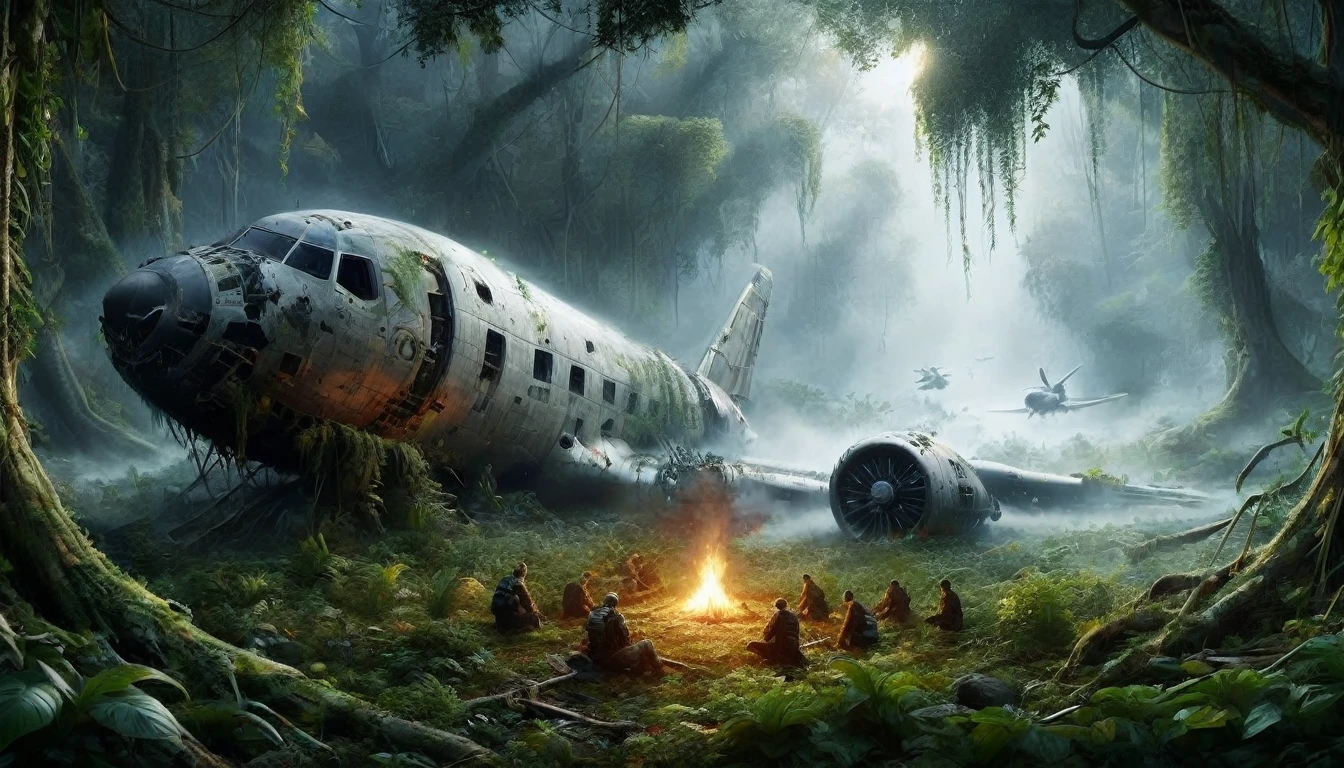 A highly detailed, high resolution illustration of a crashed spacecraft landing in a field surrounded by trees. The spacecraft must have impressive armoured construction, visible military elements such as weapons and reinforced plating, and signs of heavy use including extensive rust, stains, dirt and severe damage from previous battles. The field must be covered in a layer of grass, and the trees in the background must create a striking contrast. The scene must include subtle lighting effects that emphasise the impressive size and complexity of the landing spacecraft with its plasma jet engine at its centre. A sense of scale and context. The illustrations must be drawn with such meticulous detail that it seems . Ultimately, the dramatic moment must be stunningly realistic and believable.