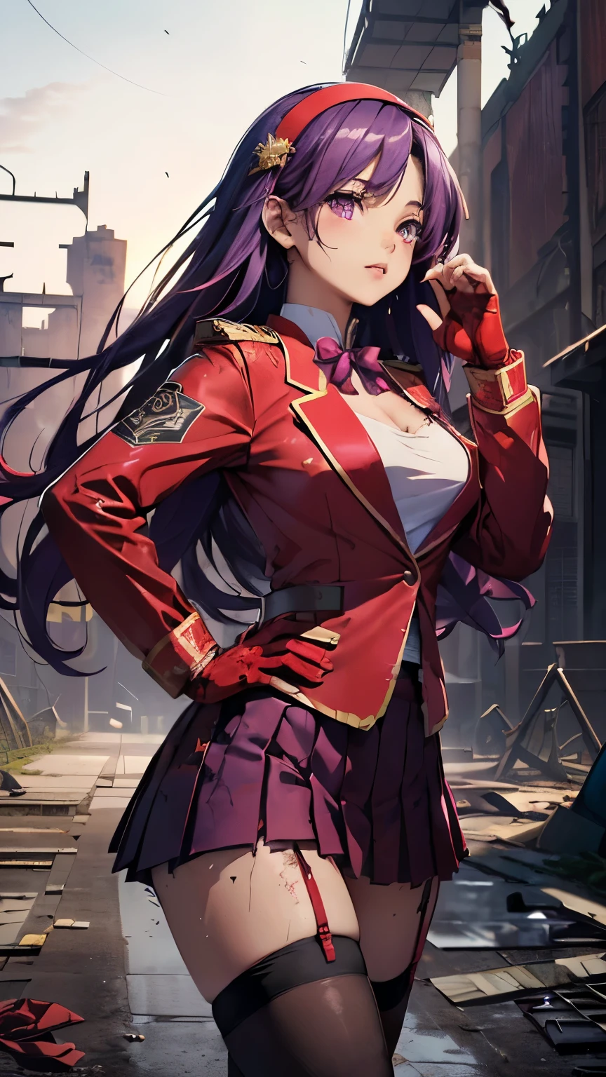 Athena Asamiya，((Beautiful purple long hair，Red headband))，(8k，Realistic，RAW Photos，Highest quality:1.28)，Beautiful Face，Realistic lips，Beautiful and detailed hair，Charm，Intricate details，Very beautiful and detailed eyes，(Red Blazer Uniform，Red gloves on both hands，Pleated mini skirt，Black Tin High Stockings:1.35)，A desperate expression，Intricate details，Supermodel，A pure and righteous super idol，((Kung Fu Pose:1.15))，(Clothes become dirty and tattered:1.5)，(Sexy panties visible:1.27)，Detailed Pixels，Dynamic Angle，((Abandoned Factory in the Middle of the Night:1.48))，Professional Lighting