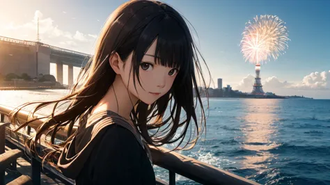 shiraishi mei, looks exactly like shiraishi mei、time is night、tokyo tower in the background、big fireworks、oceanの方を向いている後ろ姿、woman...