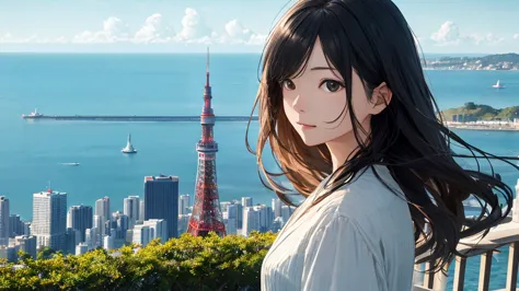 shiraishi mei, looks exactly like shiraishi mei、time is night、tokyo tower in the background、big fireworks、oceanの方を向いている後ろ姿、woman...