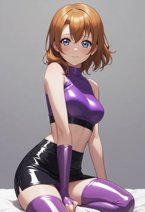 masterpiece, best quality,8k wallpaper, kousaka honoka, blue eyes, medium hair,(bright purple sleeveless latex crop top:1.2) , b...