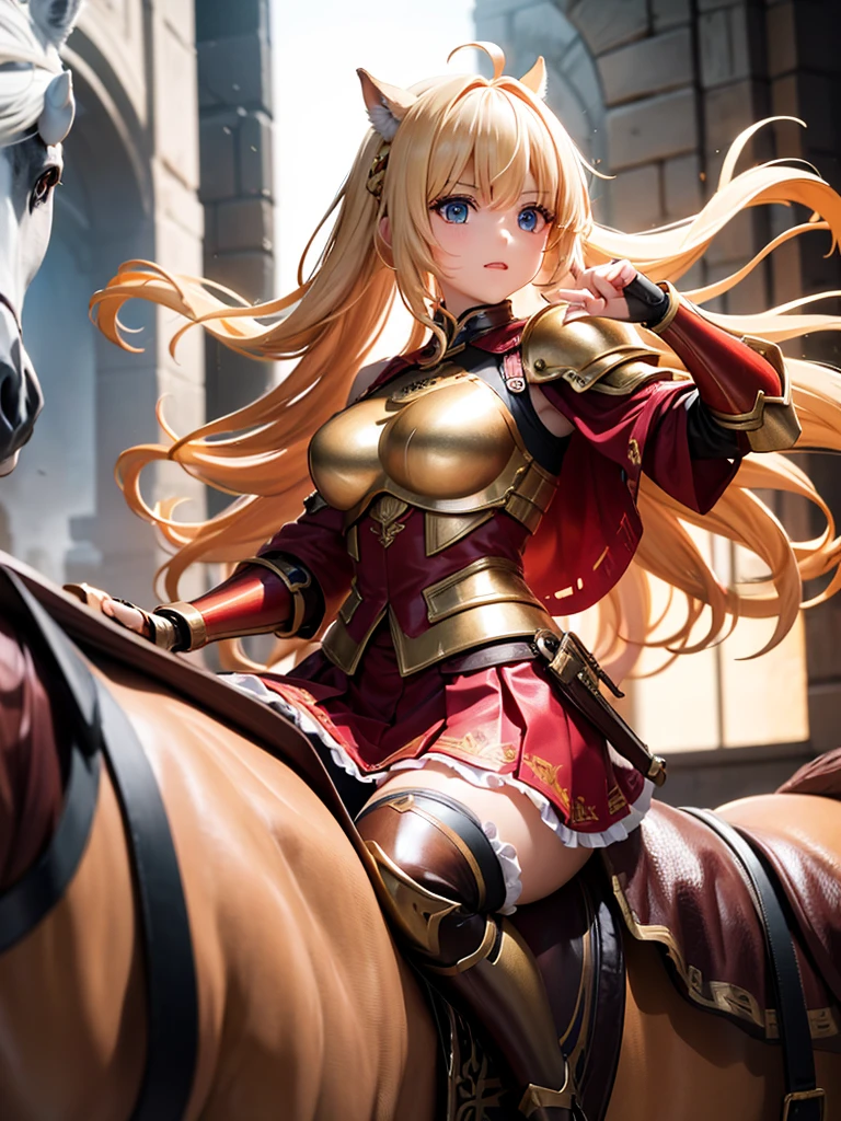 （super masterpiece）、（Excellent paintings）、（1 female）、Shoulder Armor, Arm armor, Breastplate, gauntlet, Golden Armor，red ruffle skirt，red poncho，Show your thighs，battlefield background（burning flame），long hair（Blonde hair color），flowing hair，Metallic texture，（1 armored war horse），horse riding，girl riding on horse，Horse&#39;s legs raised，Hold the flag in your right hand（Phoenix pattern），Arms on the shoulders，(Samurai style greatsword,:1.3), Wearing a golden feather-shaped headdress，show face，Aqua blue pupils（bright colors、glow），rosy skin，rosy skin，Delicate 8k skin texture，High detail vray rendering，light passing through hair（Delicate light and shadow，Exquisite details），Vibrant colors and light and shadow，High detail background，Perfect lighting，Light tracking，HDR，8k，uhd，8K resolution，Ultimate texture，Ultimate picture quality，Ultimate light and shadow，reflection，luster，High contrast，Stunning illustrations，perfect illustration，Light chasing，atmosphere，CG，Movie，close-up（horse riding），barded_steed，