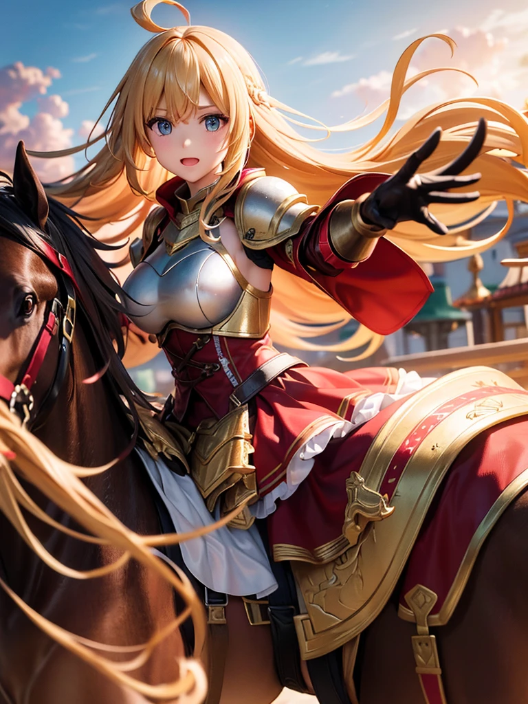 （super masterpiece）、（Excellent paintings）、（1 female）、Shoulder Armor, Arm armor, Breastplate, gauntlet, Golden Armor，red ruffle skirt，red poncho，Show your thighs，battlefield background（burning flame），long hair（Blonde hair color），flowing hair，Metallic texture，（1 armored war horse），horse riding，girl riding on horse，Horse&#39;s legs raised，Hold the flag in your right hand（Phoenix pattern），Arms on the shoulders，(Samurai style greatsword,:1.3), Wearing a golden feather-shaped headdress，show face，Aqua blue pupils（bright colors、glow），rosy skin，rosy skin，Delicate 8k skin texture，High detail vray rendering，light passing through hair（Delicate light and shadow，Exquisite details），Vibrant colors and light and shadow，High detail background，Perfect lighting，Light tracking，HDR，8k，uhd，8K resolution，Ultimate texture，Ultimate picture quality，Ultimate light and shadow，reflection，luster，High contrast，Stunning illustrations，perfect illustration，Light chasing，atmosphere，CG，Movie，close-up（horse riding），barded_steed，