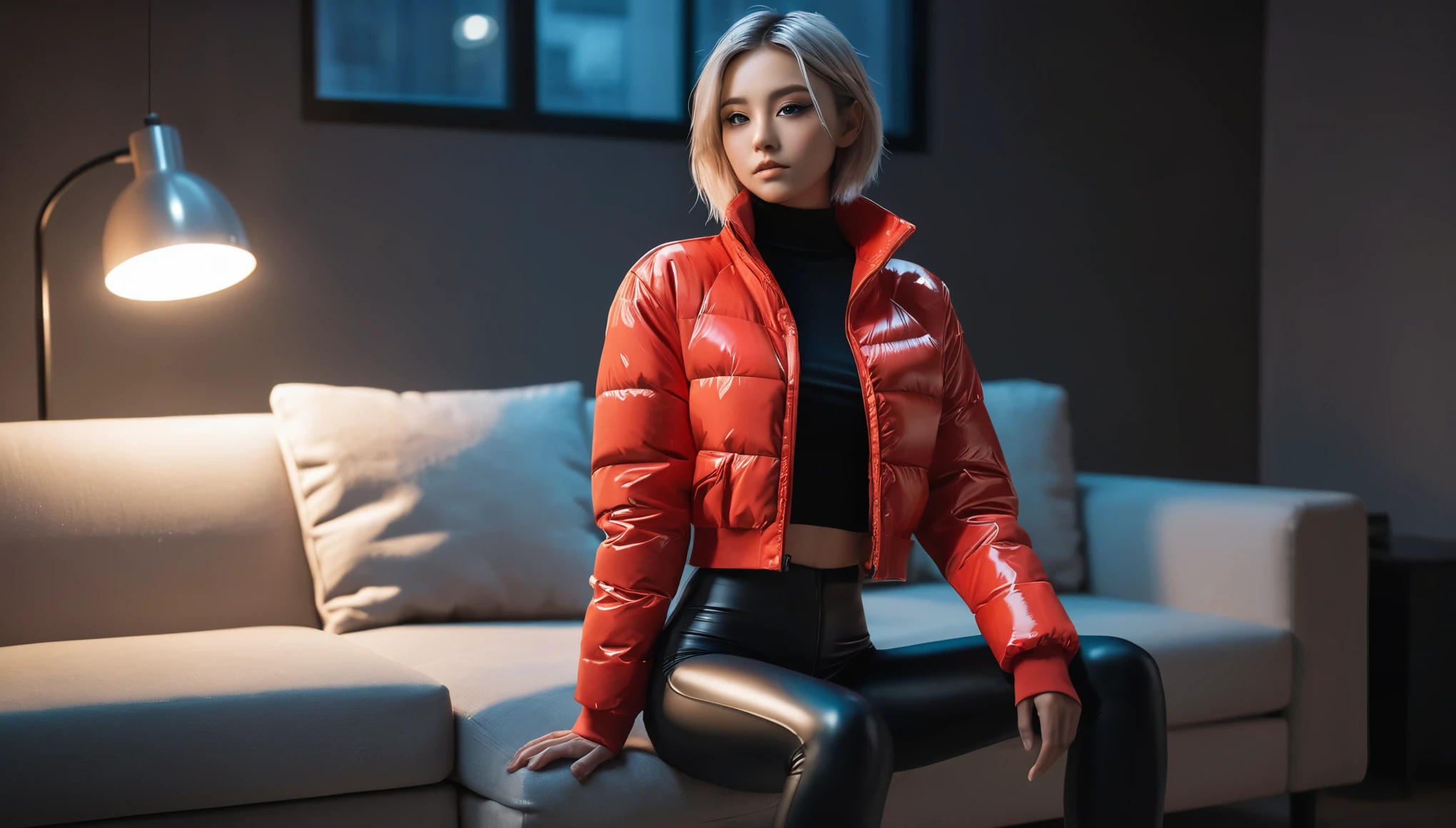 8k, high resolution, masterpiece, ultra-detailed, full body shot, ((cute barely legal girl in red latex crop shirt and leggings, grey shiny puffer jacket, wide neckline, deep neckline, random color)), (small perky breasts, small hips, detailed face, long blond slick hair, tattoos), (((in a luxurious apartment, random pose next to a couch))), moody atmosphere, random dramatic and neon colors, intricate details, at night, backlit, full body shot