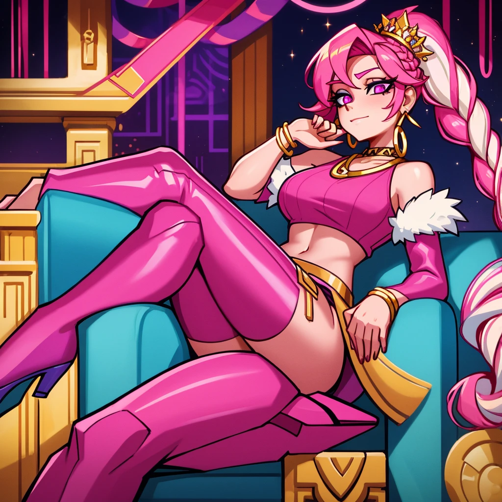 A vibrant and playful illustration of a young woman sitting confidently on a luxurious pink and gold throne. She has stylish, voluminous braids with pink highlights and is dressed in a fashionable outfit, including a pink crop top and tight blue jeans. Her accessories include large hoop earrings, a necklace, and pink high-heeled shoes.  The background is a festive, sparkling scene with pink and purple hues, and there are two wine glasses visible on the sides, adding to the celebratory atmosphere.
