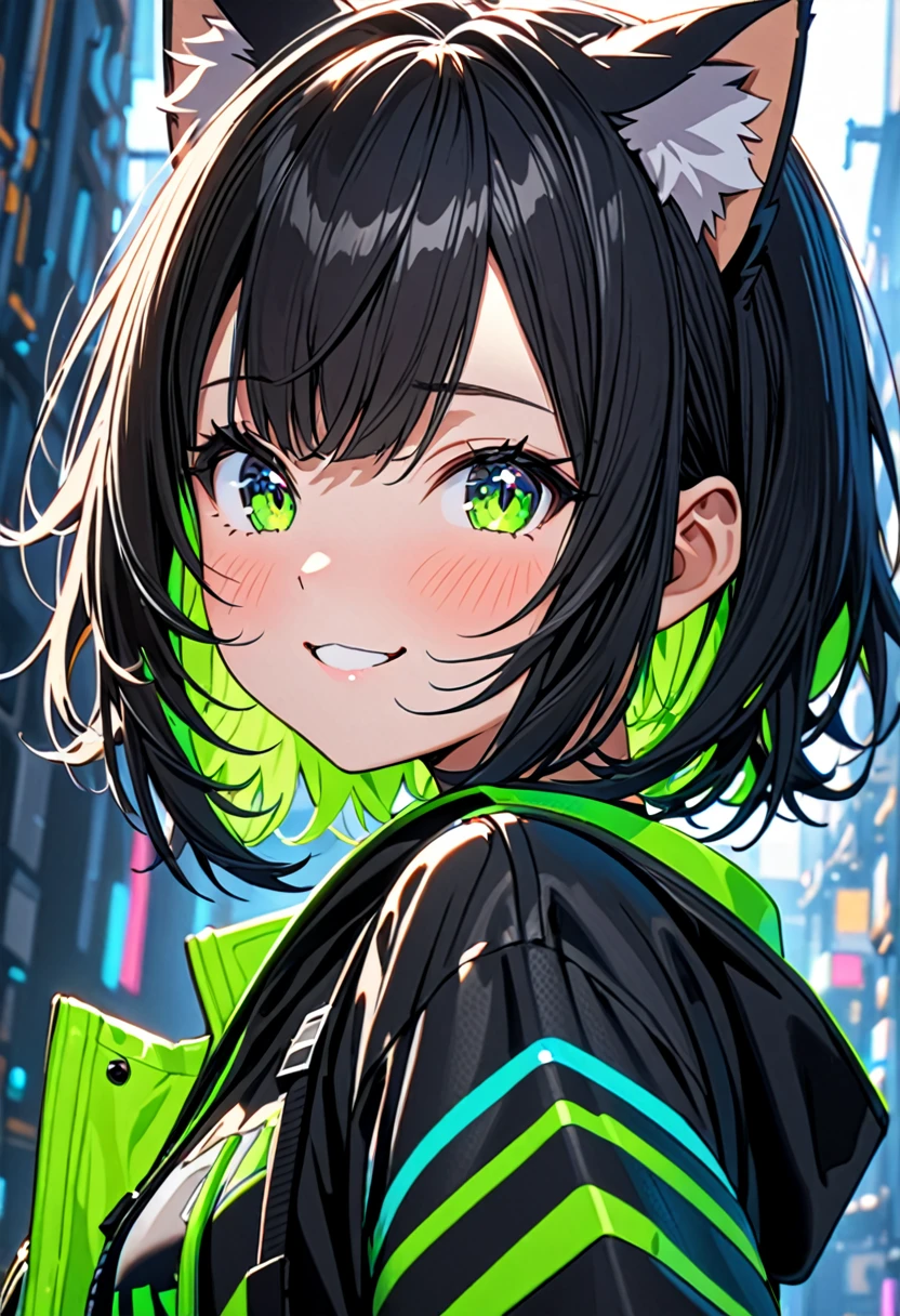 8K Ultra High-Quality, ultra-detailed, High quality, Black hair, Neon Green Inner layer hair, short hair, Cat ears, happy expression, flat chest, looking away at viewer, close up