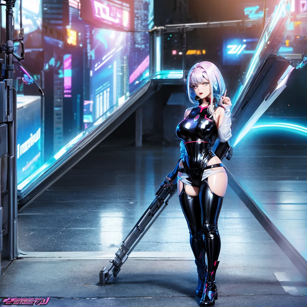 clear quality picture of lucy from cyberpunk in the outfit all in latex pure shine cute and beautiful face hight quality detailed picture 