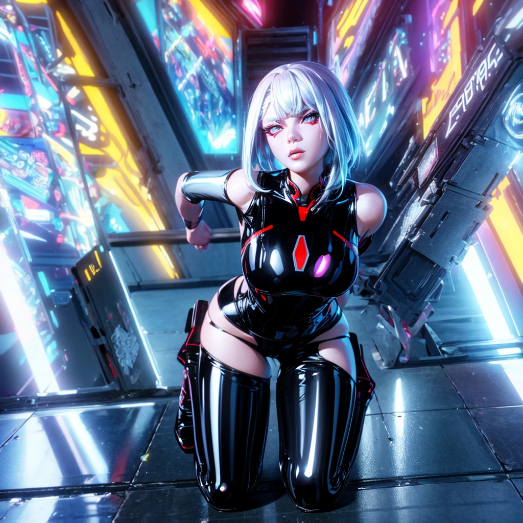 a girl in a latex outfit,extremely detailed face, beautiful detailed eyes, beautiful detailed lips, long eyelashes, cute expression, hyperrealistic, cyberpunk style, shiny latex, high quality, 8k, photorealistic, masterpiece, detailed description, 3d, octane render, studio lighting, vivid colors, dramatic lighting, cinematic