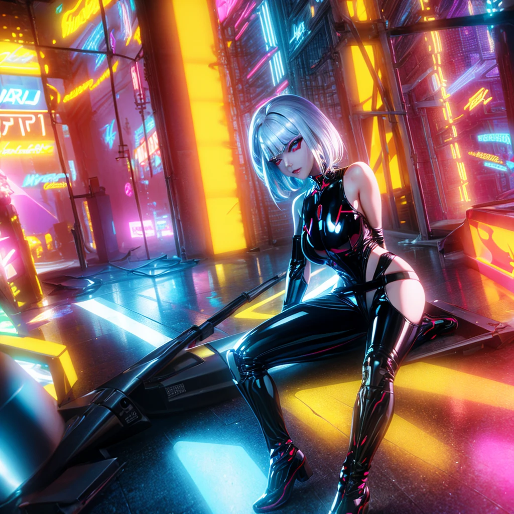 a girl in a latex outfit,extremely detailed face, beautiful detailed eyes, beautiful detailed lips, long eyelashes, cute expression, hyperrealistic, cyberpunk style, shiny latex, high quality, 8k, photorealistic, masterpiece, detailed description, 3d, octane render, studio lighting, vivid colors, dramatic lighting, cinematic