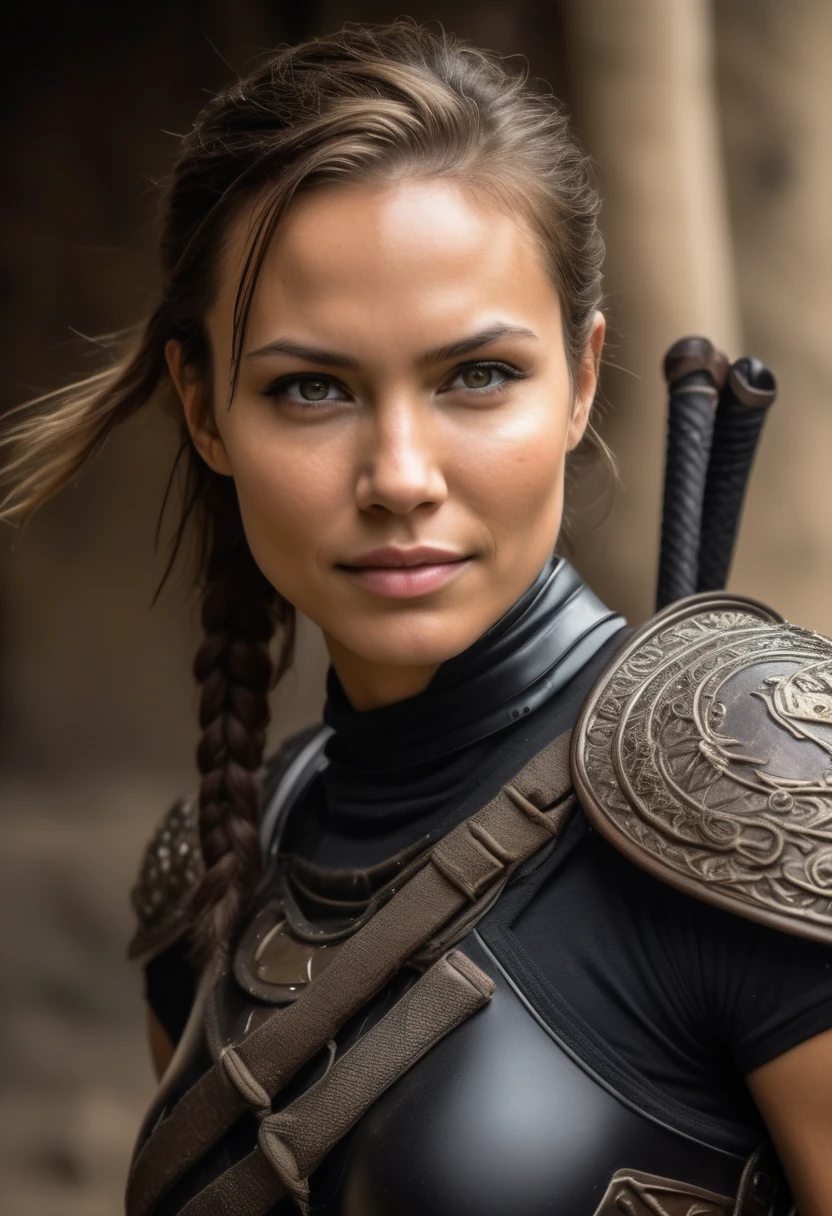 "erotic high quality close-up  photograph of ( skswomana, complete black suit , clear juicie skin texture, fit tall body    )  Lara Croft Tomb Raider , seductive smile , 20 yo young pretty woman, gorgeous detailed pretty young face confrontational and strong pose, looking at viewer, angular shoulder armor, chest plate, ornate belt, minimal cloth, intricate forearm and leg guards, muscular physique, dark skin, practical hairstyle, holding a close-combat staff, dark background, sandy ground, dramatic high-contrast lighting, detailed armor, shadows enhancing form, realistic with fantasy style"(detail) photo prise par Canon EOS R5, Objectif 50mm, f/2.8, Hdr,  (movie lighting) (dramatic lighting) (mise au point nette) (complexe)
