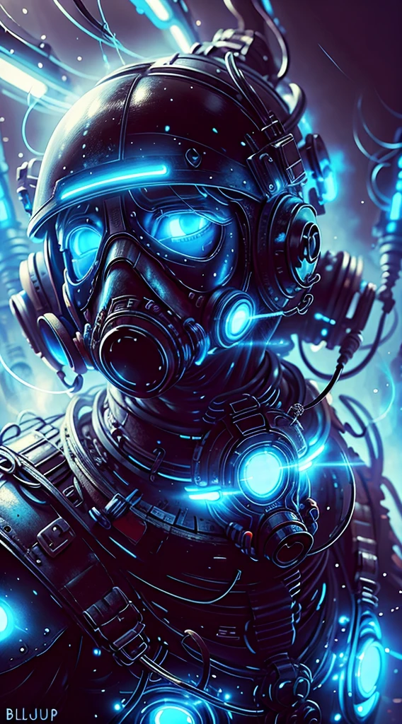 Portrait of an angel with a gas mask on, Blue lights, in the style of BlueAP, realistic