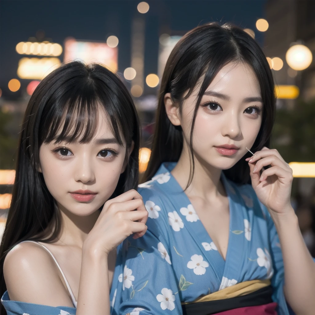 (firework), (upper body:1.5), Cumulonimbus clouds floating in the night sky, (Summer Yukata:1.1), (30 years old:1.2), (make up:1.3), (Very slim:1.4), Brown eyes
