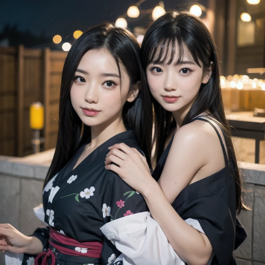 (firework), (upper body:1.5), Cumulonimbus clouds floating in the night sky, (Summer Yukata:1.1), (30 years old:1.2), (make up:1.3), (Very slim:1.4), Brown eyes
