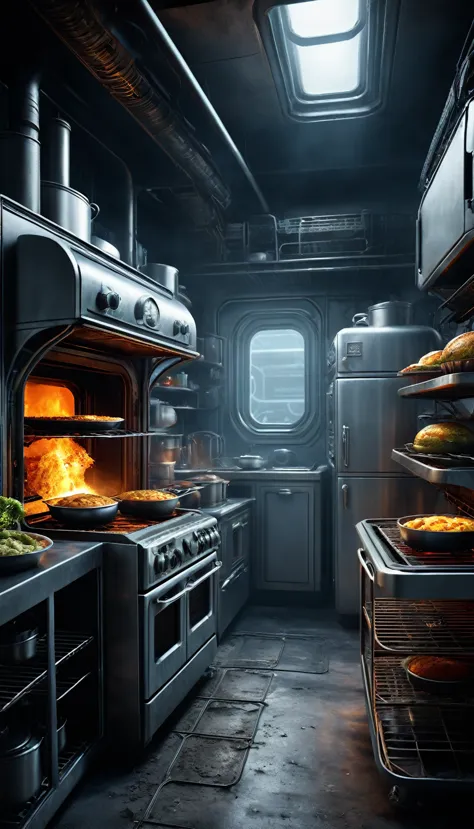 dennis ruston style，Creative product design，Very unified CG,（Alien electric oven），Complicated details，
Background with：kitchen w...