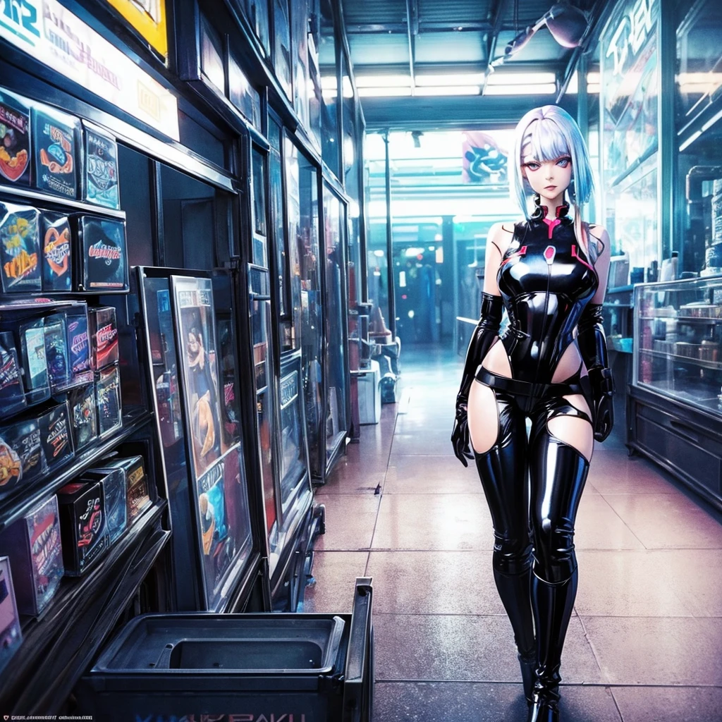 clear quality picture of lucy from cyberpunk in the outfit all in latex pure shine cute and beautiful face hight quality detailed picture no extra white clothing all pieces of out in black latex long boots and gloves in black latex.