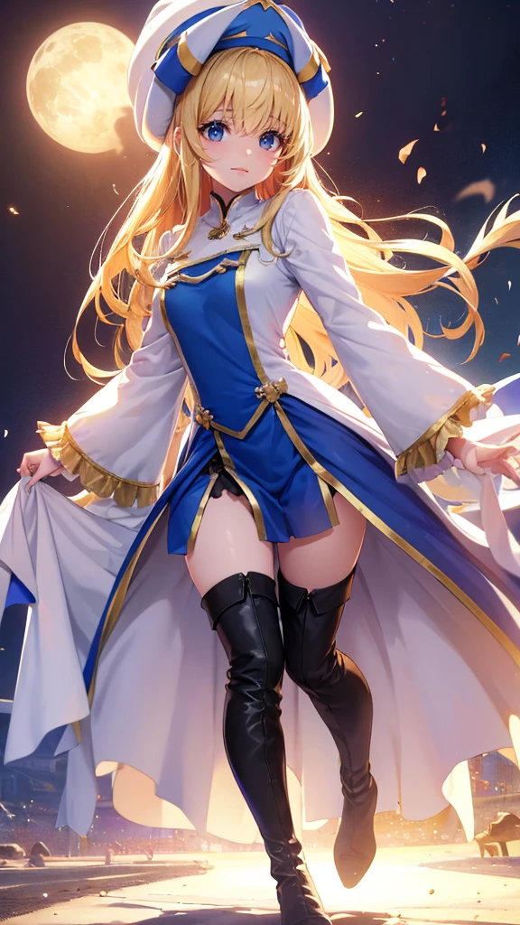 Full body description、Highest quality、Best image quality、In 8K,4K,masterpiece、Ultra-detailed、beautiful、super high quality、nice,Game CG,beautiful少女,Five Fingers,Cowboy Shot,Priestessess, Blonde, blue eyes, Long Hair, Hair between the eyes,Grab the magic wand,smile,Knee-high boots, dress, Frills袖, Frills, Have, White Hat, Pelvic Curtain, High heels, Robe, Thigh-high boots, Thighs Thighs Thighs Thighs, White knee-high, Long sleeve, Puff sleeves,