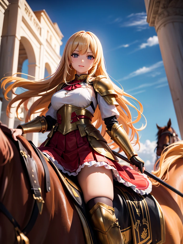 （super masterpiece）、（Excellent paintings）、（1 female）、Shoulder Armor, Arm armor, Breastplate, gauntlet, Golden Armor，red ruffle skirt，red poncho，Show your thighs，battlefield background（burning flame），long hair（Blonde hair color），flowing hair，Metallic texture，（1 armored war horse），horse riding，girl riding on horse，Horse&#39;s legs raised，Hold the flag in your right hand（Phoenix pattern），Arms on the shoulders，(Samurai style greatsword,:1.3), Wearing a golden feather-shaped headdress，show face，Aqua blue pupils（bright colors、glow），rosy skin，rosy skin，Delicate 8k skin texture，High detail vray rendering，light passing through hair（Delicate light and shadow，Exquisite details），Vibrant colors and light and shadow，High detail background，Perfect lighting，Light tracking，HDR，8k，uhd，8K resolution，Ultimate texture，Ultimate picture quality，Ultimate light and shadow，reflection，luster，High contrast，Stunning illustrations，perfect illustration，Light chasing，atmosphere，CG，Movie，close-up（horse riding），barded_steed，