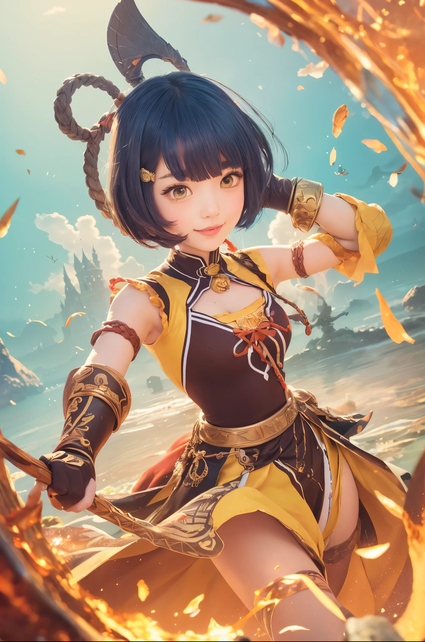 {Smiling anime girl warrior with luminescent, short deep blue hair styled in intricate double buns, each adorned with golden filigree hairpins; her eyes shimmer like molten gold, radiating a warm, inviting glow:0.9}, 
{She is garbed in an casual battle outfit that melds maroon and gold accents, featuring elaborate golden embroidery that mimics ancient runes across the fabric. The outfit is cinched at the waist with a wide belt, boasting a large, gleaming red bow. She brandishes an elegantly crafted spear, its blade engraved with delicate symbols, while cradling a whimsical, wide-eyed teddy bear, dressed in a matching miniature warrior outfit, in her other arm:0.8}, 
[The background swirls with a dynamic interplay of fiery and aqueous elements, manifesting as abstract tendrils of blazing orange and deep azure, simulating an elemental dance that blurs the line between water and fire, creating an otherworldly vortex around her:0.7], 
{Rendered in a distinct anime style that exudes detailed, vibrant splash art quality reminiscent of acclaimed 'Mihoyo' and 'Onmyoji' art styles. The illustration boasts sharp, precise line work with a luminous color palette that brings every detail into stark, breathtaking focus:0.9}, 
{The scene is illuminated by bright, vivid lighting that casts dramatic shadows and highlights, enhancing the high-contrast, fantasy-like atmosphere. This dreamy, surreal ambiance is punctuated by light flecks that seem to dance across the scene, adding a magical, ethereal quality to the overall composition:0.8}